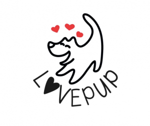 Love Pup Shop logo smiling relaxed calm dog with hearts