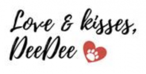 Love and kisses signature from cute white dog Dee Dee
